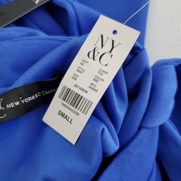 New York and Co Womens Blue Secretary Sheath Dress Size S Peplum Tie Neck - Picture 3 of 9
